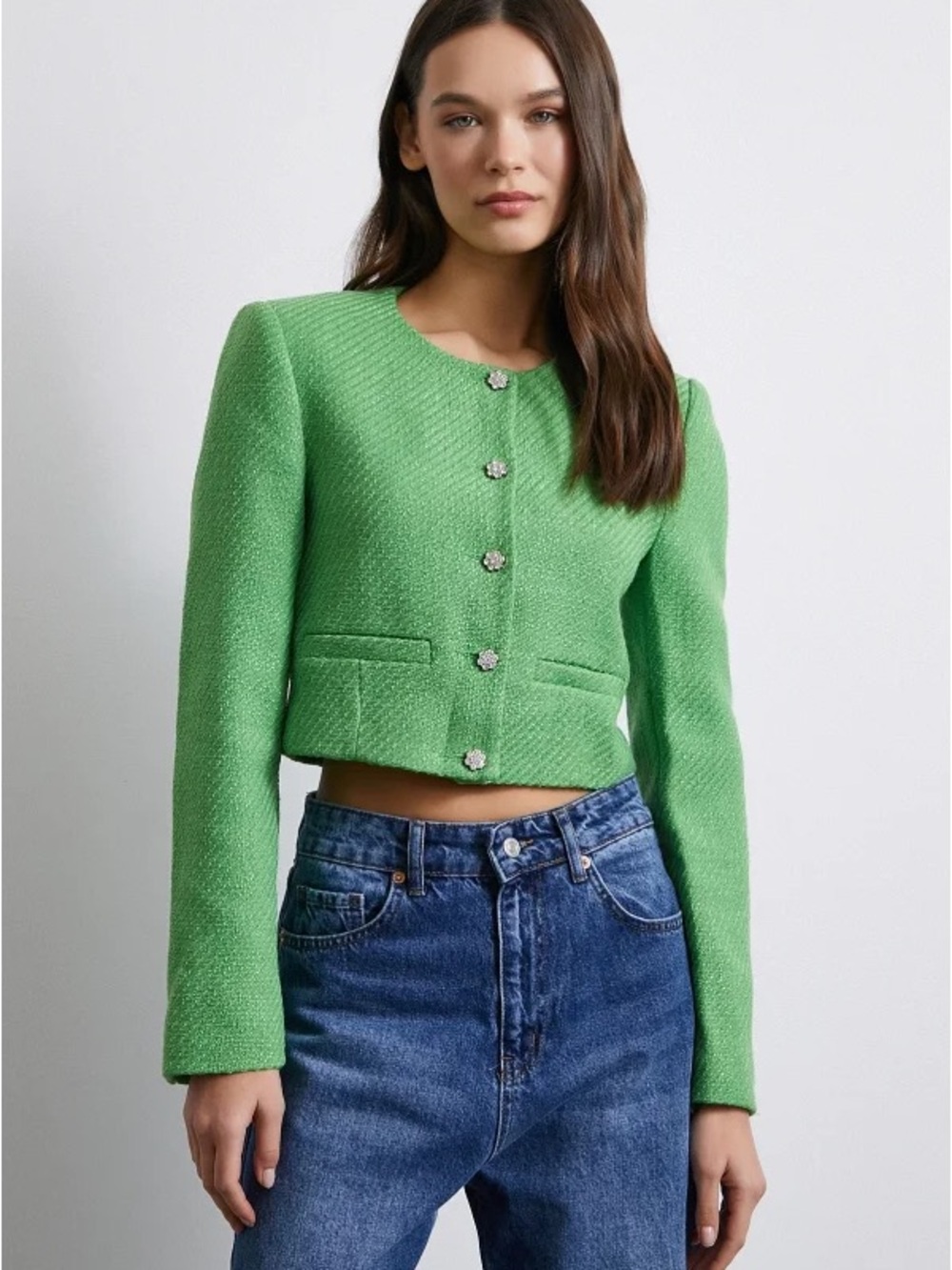 Zara Cropped Green Bouclé Jacket - Women